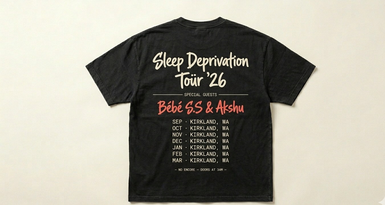 Soft Laünch tee back, full Sleep Deprivation Toür '26 print with tour dates.