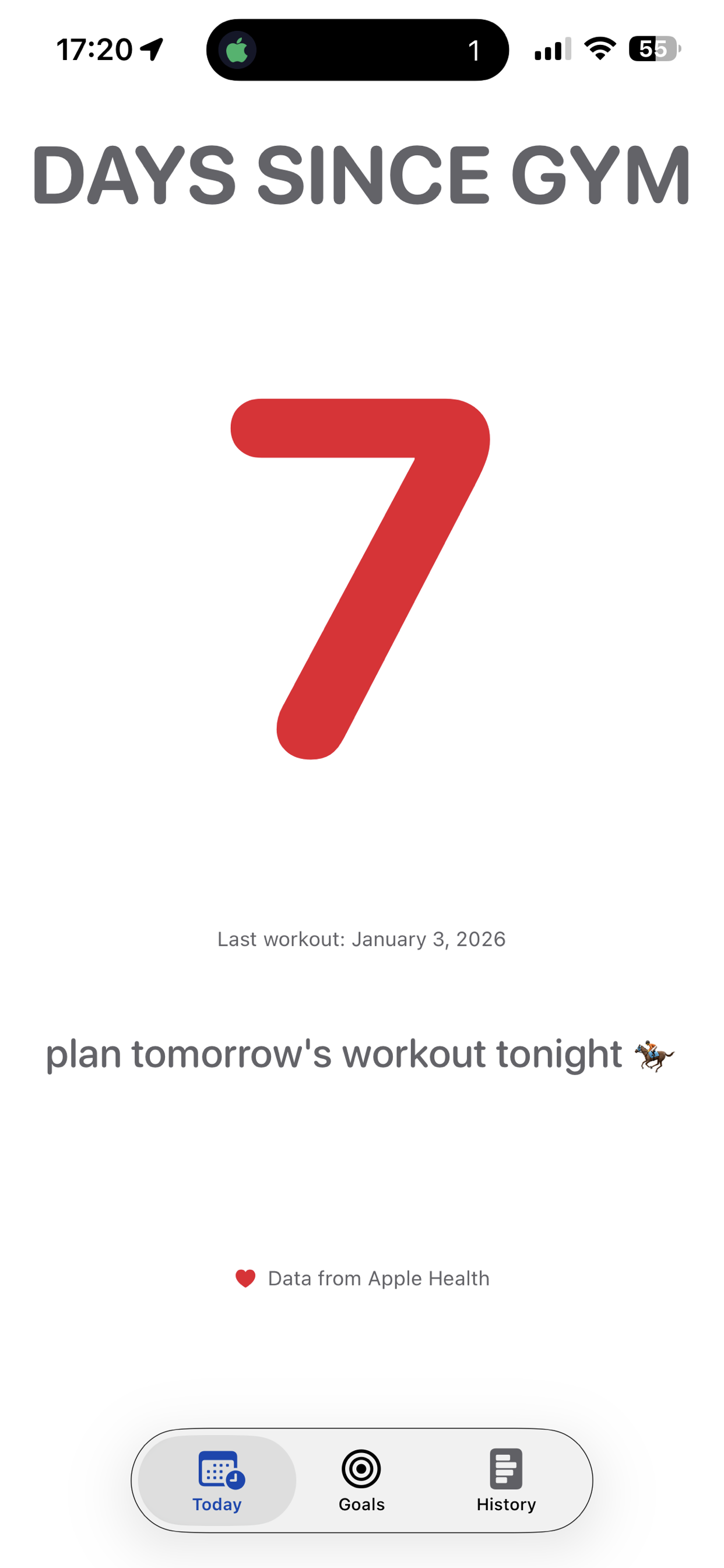 Main screen showing days since last workout